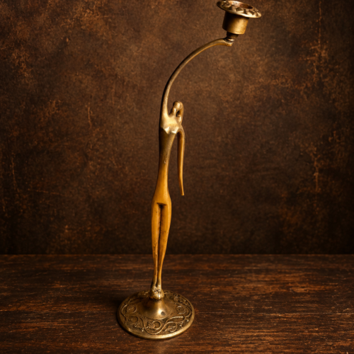 Vintage Brass Stylized Lady Figural Candle Stand with Ornate Floral Base