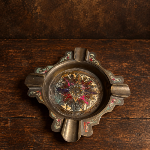 Vintage brass beautiful meena work hand carved ashtray