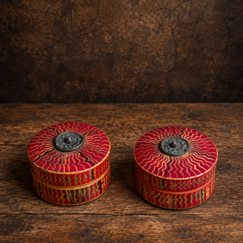 Vintage Indian Lacquerwork Boxes with Silver Floral Knobs – Pair of 2