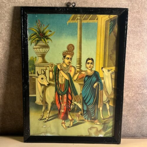 Rare German Oleograph of Lord Krishna with Companion & Cows – Vintage Devotional Print