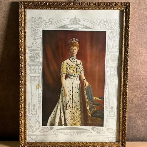 Antique Royal Lady Portrait Print with Crown & Ornate Heraldic Border – Vintage Framed European Art