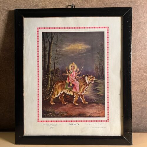 Vintage “Kali Mata” Tiger-Riding Goddess Devotional Print – Nanumal Riayatmal & Co., Sukkur Sind