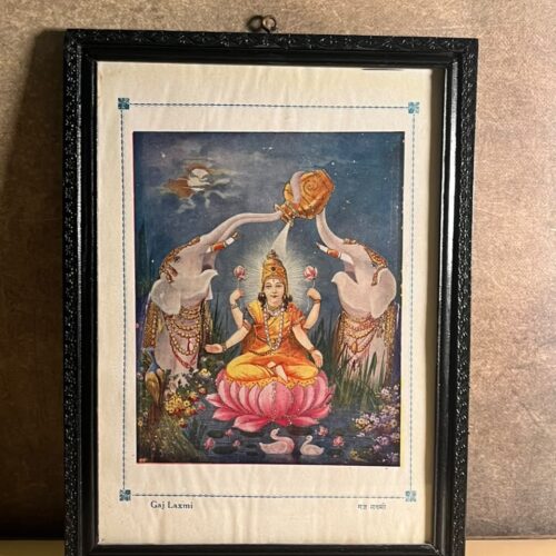 Vintage “Gaj Laxmi” Devotional Art Print with Raised Metallic Embellishment