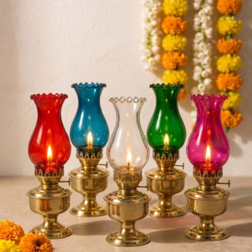 Vintage Style Brass Oil Lamps with Colourful Glass Chimneys – Set of 5 | Decorative Kerosene Lamps