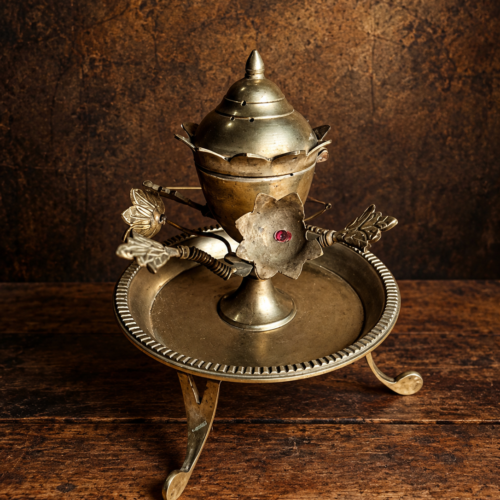 Large Vintage Brass Agarbatti Stand & Dhoopdan with Floral Arms, Lidded Incense Burner and Ornamental Tray