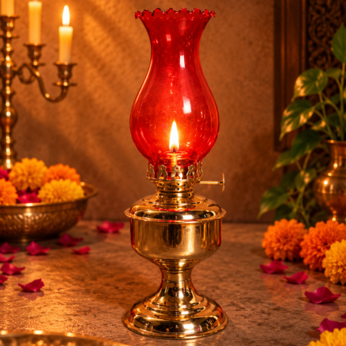 Vintage Style Brass Oil Lamp with Ruby Red Glass Chimney – Royal Heritage Design