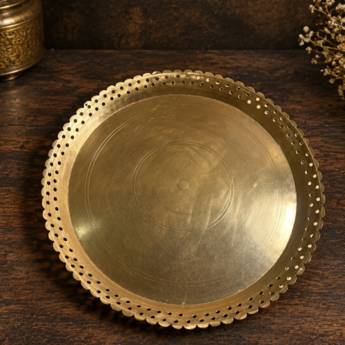 Traditional Brass Pooja Thali with Decorative Jali Border – Round Brass Aarti Plate with Scalloped Edges