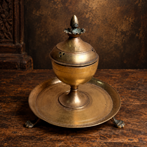 Vintage Brass Agarbatti Stand with Lidded Incense Burner, Round Tray & Ornate Feet