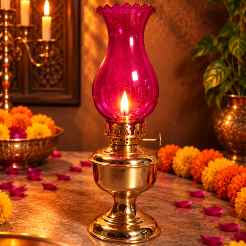 Vintage Style Brass Oil Lamp with Ruby Pink Glass Chimney – Royal Heritage Design