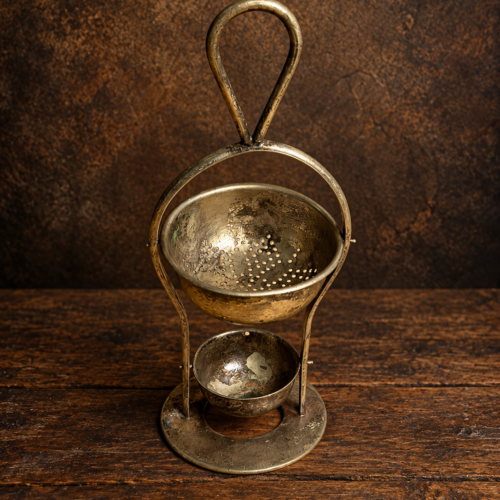 Rare Vintage Brass Tea Strainer with Drip Bowl & Standing Holder – Traditional Antique Kitchenware