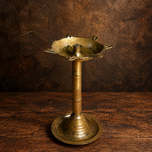 Vintage Brass Lotus-Shaped Oil Lamp with Tall Pedestal – Traditional Indian Diya Stand