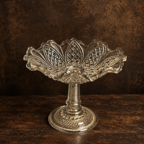 Vintage Clear Glass Pedestal Fruit Bowl – Elegant Floral Petal Design Compote Dish with Decorative Base