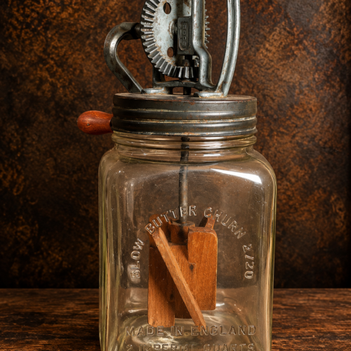 Rare Vintage English Glass Butter Churner – Made in England | Hand Crank Butter Maker with Wooden Paddles