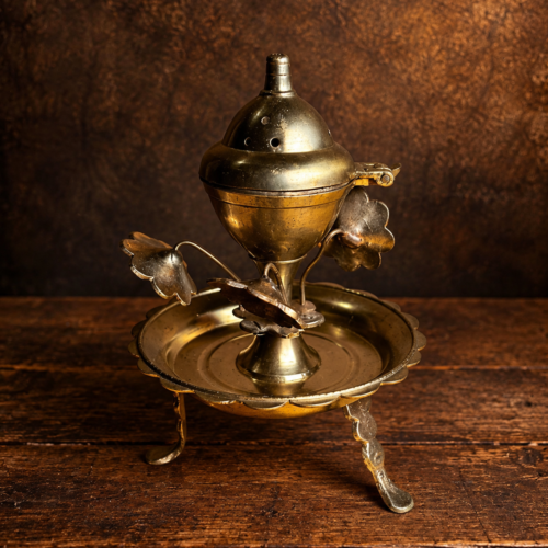 Vintage Brass Agarbatti Stand & Dhoopdan with Floral Design, Hinged Incense Burner and Decorative Tray