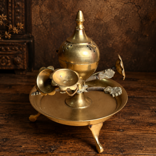Large Vintage Brass Agarbatti Stand with Floral Holders, Hinged Dhoopdan & Decorative Round Tray