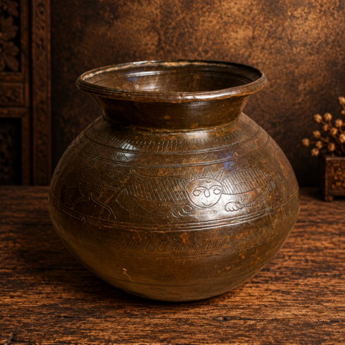 Vintage Brass Kalash Pot – Traditional Engraved Animal & Sun Motif Water Vessel