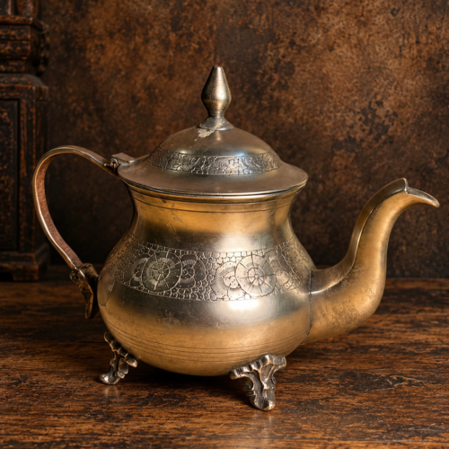 Vintage Brass Teapot with Silver Polished Finish – Floral Engraved Hinged Lid Tea Pot with Ornate Feet