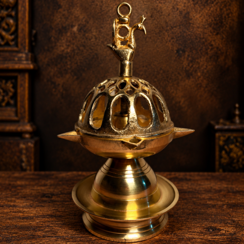 Vintage Brass Peacock Diya – Traditional Indian Temple Oil Lamp with Jali Dome