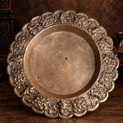 Vintage Ornate Brass Plate with Embossed Floral Design & Scalloped Edges