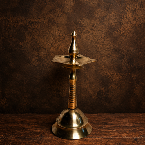 Vintage Brass Standing Diya – Traditional Floral Design Pedestal Oil Lamp
