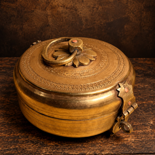 Antique Brass Round Storage Box with Engraved Lid, Ring Handle & Traditional Locking Clasp