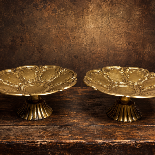 Vintage Brass Pedestal Bowls Pair – Ornate Floral Design with Decorative Fluted Base
