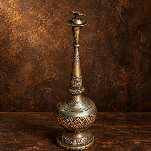 Vintage German Silver Rose Water Sprinkler (Gulab Pash) with Bird Finial – Ornate Floral Design