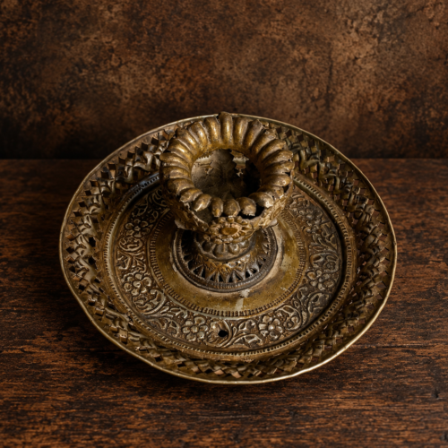 Vintage Ornate Brass Candle Stand with Floral Jali Work & Engraved Round Tray – Heritage Candle Holder
