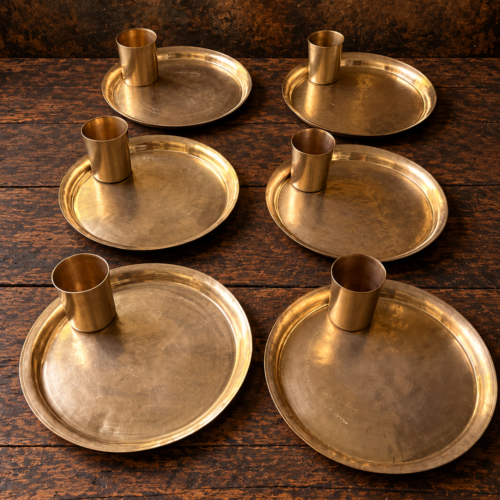 Antique Heavy Kaansa Thali Set of 6 – Traditional Indian Bronze Plates with Matching Glasses
