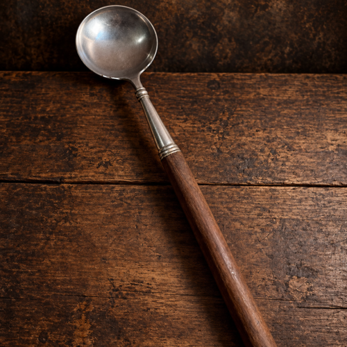 Vintage Silver-Tone Serving Ladle with Long Wooden Handle – Traditional Kitchen Utensil