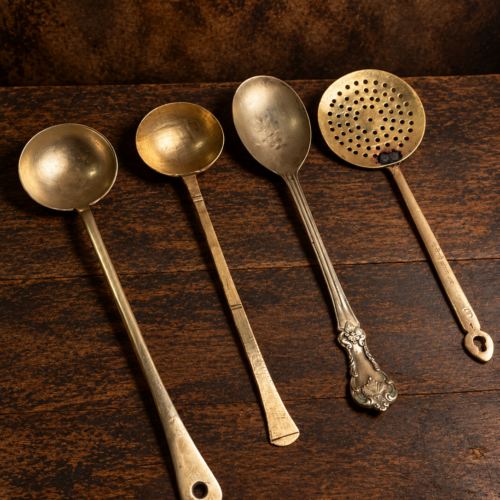 Vintage Brass Serving Ladle Set of 4 – Traditional Brass Kitchen Utensils with Decorative Spoon & Jhara