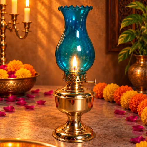 Vintage Style Brass Oil Lamp with Ocean Blue Glass Chimney – Royal Heritage Collection