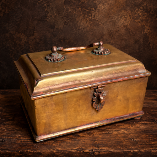 Vintage Brass Storage Chest with Ornate Copper Handle & Decorative Locking Clasp