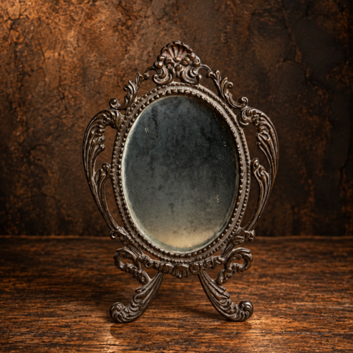 Vintage Ornate Brass Table Mirror – Oval Floral Design with Folding Stand