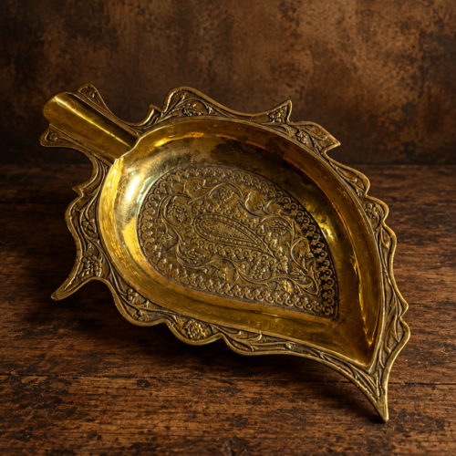 Vintage Brass Paisley-Shaped Ashtray with Ornate Floral Engraving | Decorative Collectible