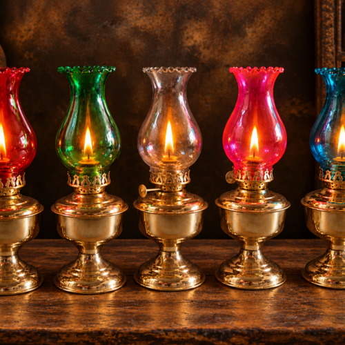 Vintage Style Brass Oil Lamps with Colourful Glass Chimneys – Set of 5 | Decorative Kerosene Lamps