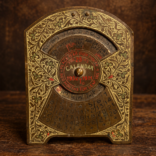 Vintage Brass Perpetual Calendar 1952–1971 with Floral Engraving – Rare Desk Collectible