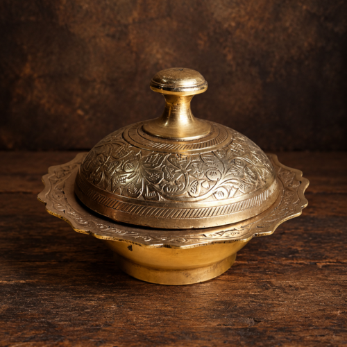 Vintage Hand Engraved Brass Lidded Bowl with Floral Design – Traditional Indian Decorative Collectible