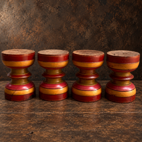 Vintage Indian Lacquered Wooden Stools – Traditional Red & Yellow Turned Wood – Set of 4