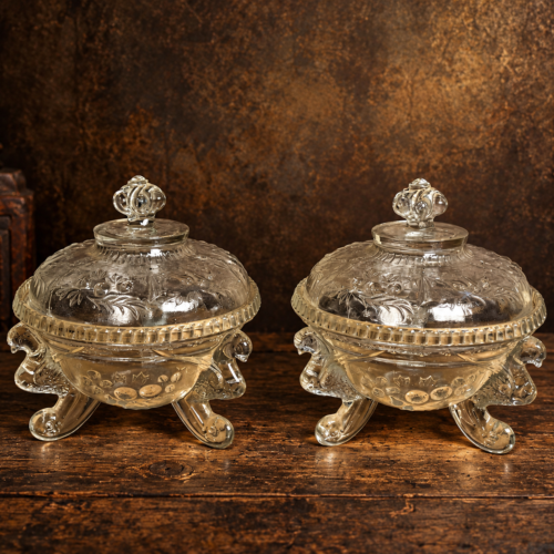 Vintage Clear Pressed Glass Bonbon Dishes – Matching Pair of Ornate Footed Candy Bowls with Lids | Set of 2