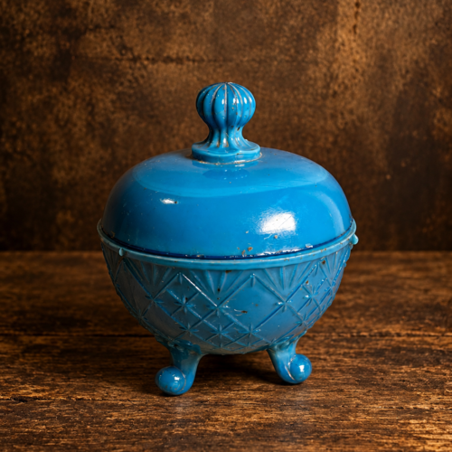 Vintage Blue Opaline-Style Pressed Glass Bonbon Dish – Three-Footed Covered Candy Bowl with Decorative Lid