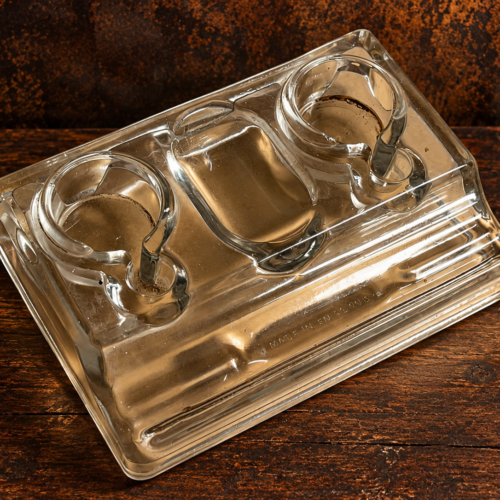 Vintage Made in England Glass Double Inkwell Desk Stand – Heavy Clear Glass Writing Desk Organizer & Pen Rest