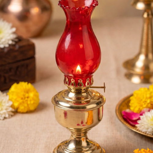 Vintage Style Brass Oil Lamp with Ruby Red Glass Chimney – Royal Heritage Design
